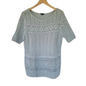 Talbots Short Sleeve Crochet Knit Blouse Aqua Mint Womens Size M Cotton Boho